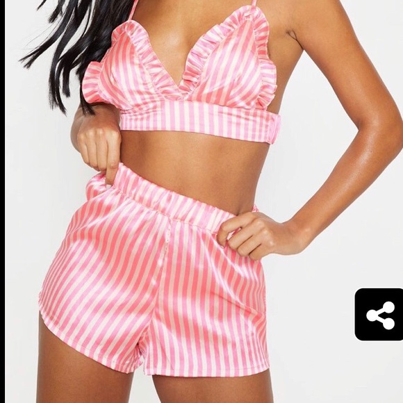 PrettyLittleThing Other - Pink Strip Satin Frill Bralete PJ Set